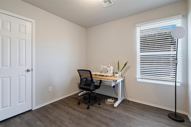 office space featuring dark wood-type flooring