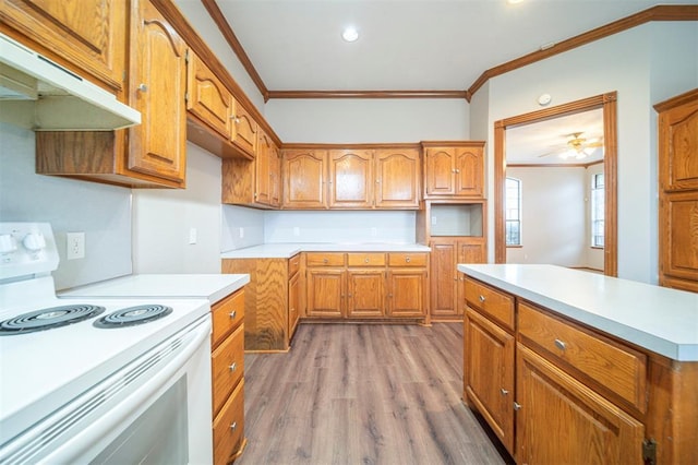 kitchen with light hardwood / wood-style floors, white range with electric stovetop, ceiling fan, and ornamental molding