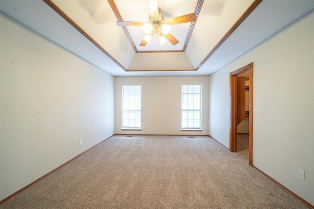 spare room with carpet, ceiling fan, ornamental molding, and a tray ceiling