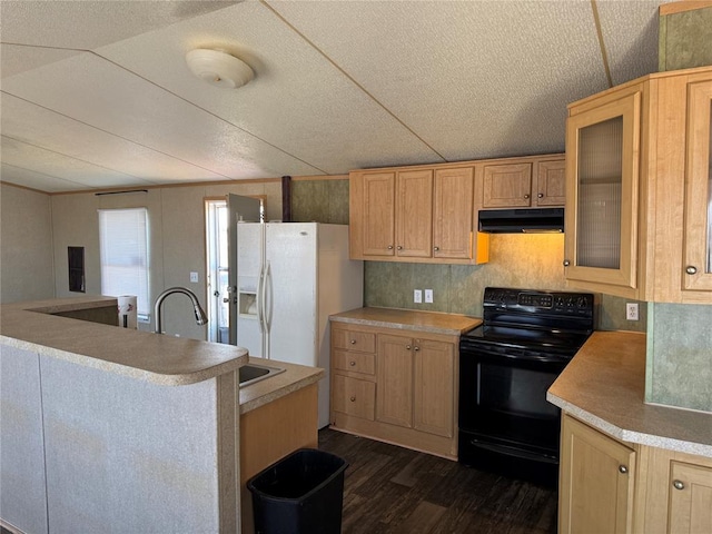 kitchen with dark hardwood / wood-style floors, white refrigerator with ice dispenser, sink, and black electric range