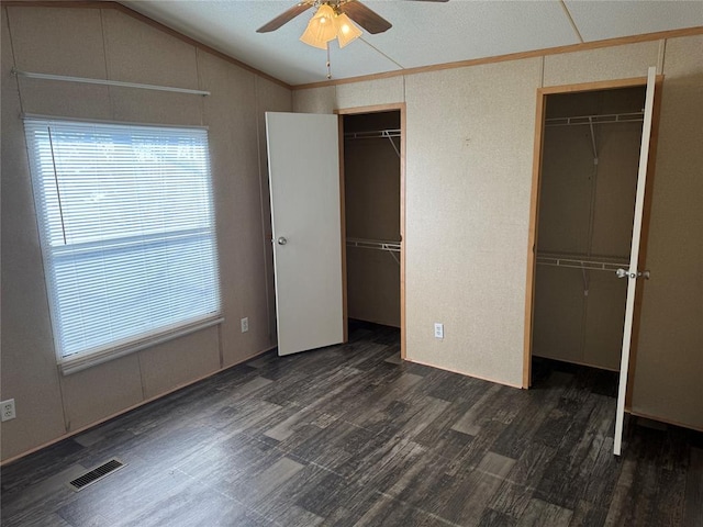 unfurnished bedroom featuring multiple windows, lofted ceiling, dark wood-type flooring, and two closets