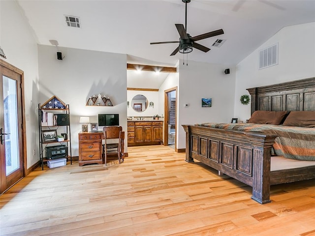 bedroom featuring access to exterior, ceiling fan, french doors, light hardwood / wood-style flooring, and vaulted ceiling