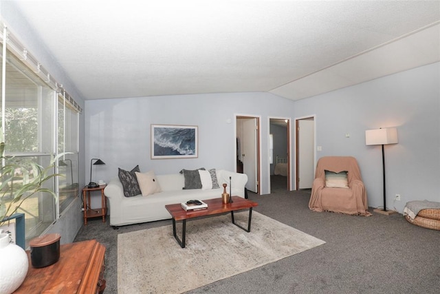 living room with dark carpet and lofted ceiling