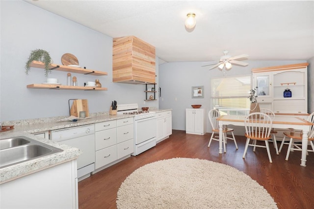 kitchen featuring white cabinets, dark hardwood / wood-style floors, white appliances, and custom exhaust hood