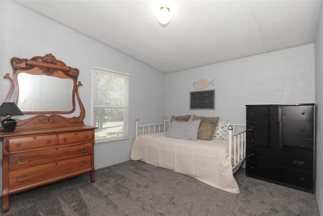 bedroom with dark colored carpet and lofted ceiling