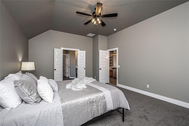 bedroom featuring dark colored carpet, ceiling fan, and lofted ceiling