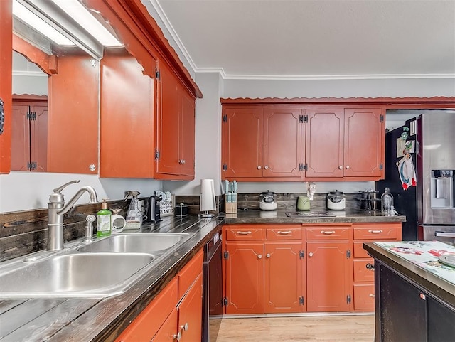 kitchen with sink, dishwasher, stainless steel fridge, light hardwood / wood-style floors, and ornamental molding