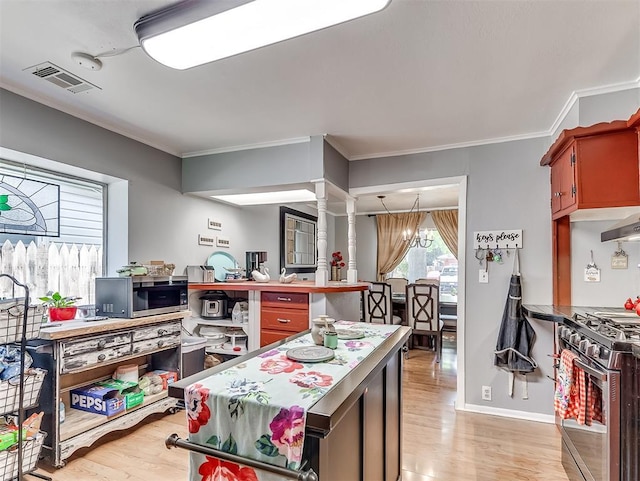 kitchen with ornamental molding, stainless steel appliances, an inviting chandelier, and light hardwood / wood-style floors