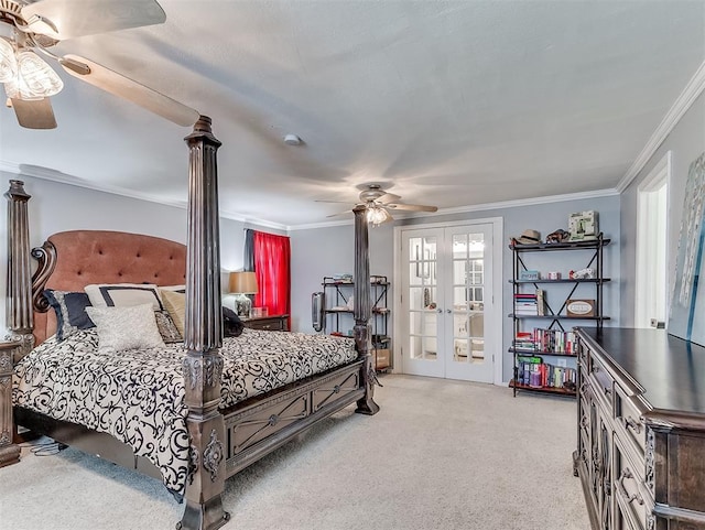 bedroom featuring ceiling fan, light colored carpet, ornamental molding, and french doors