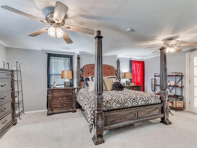 bedroom featuring light colored carpet, ceiling fan, and ornamental molding