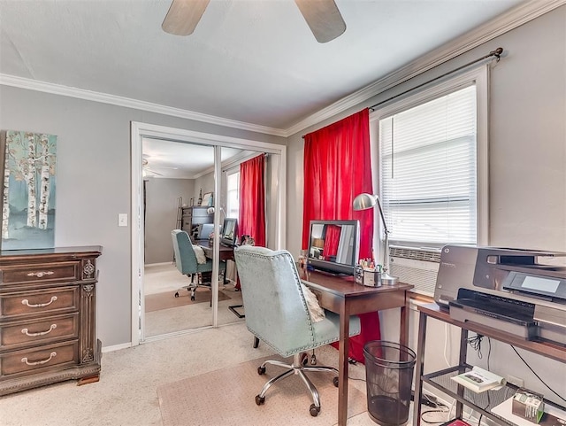 carpeted office with a wealth of natural light and crown molding