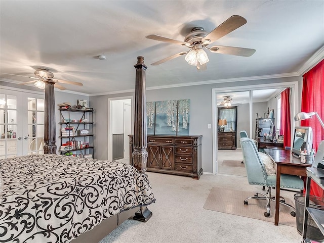 carpeted bedroom featuring ceiling fan, crown molding, and french doors