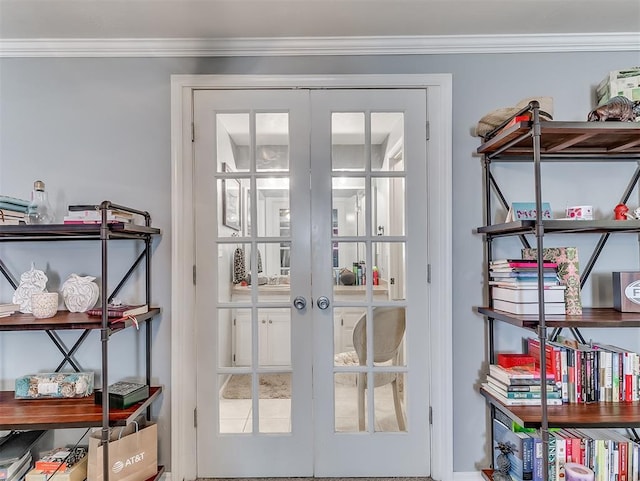 doorway featuring french doors and ornamental molding