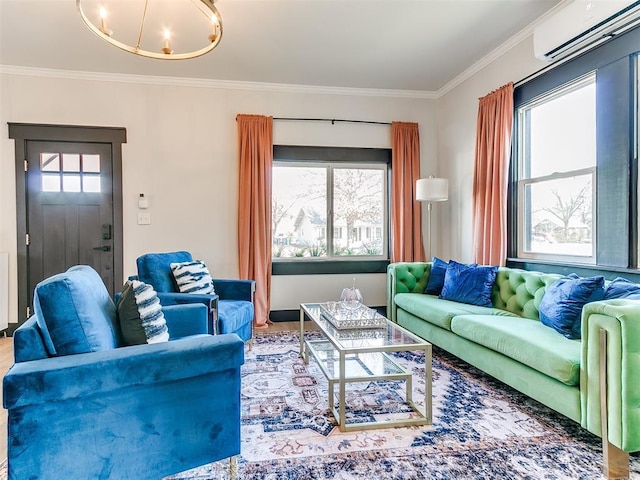 living room with ornamental molding, a wall mounted air conditioner, and a wealth of natural light