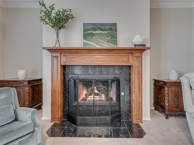 room details with carpet, crown molding, and a tiled fireplace