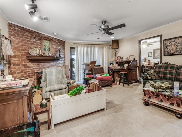 carpeted living room featuring a fireplace and crown molding