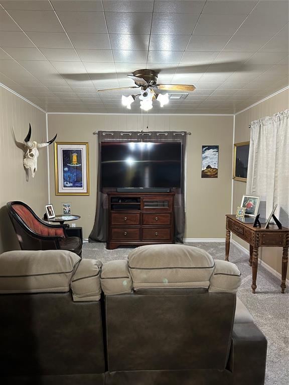 living room featuring carpet and ceiling fan