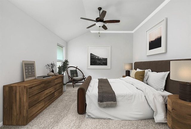 carpeted bedroom with vaulted ceiling, ceiling fan, and crown molding