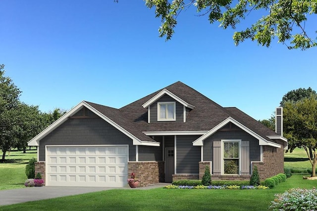 craftsman house featuring driveway, brick siding, an attached garage, and a front yard