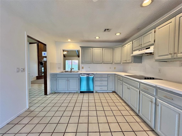 kitchen featuring gray cabinets, dishwasher, sink, and black electric cooktop