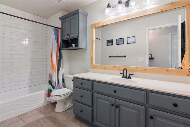 full bathroom featuring tile patterned flooring, vanity, shower / bath combination with curtain, and toilet