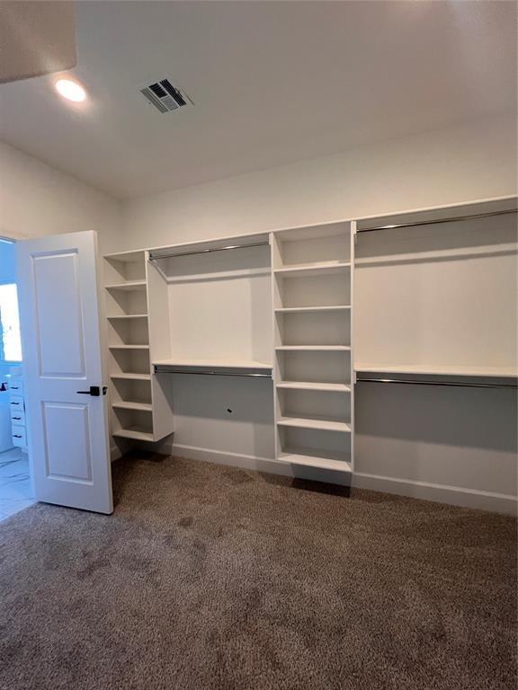 spacious closet featuring dark colored carpet