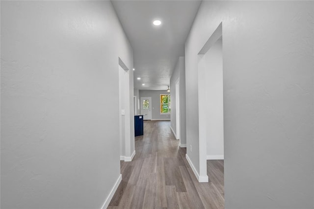 hallway with hardwood / wood-style flooring