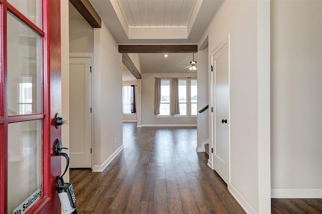 hallway with dark hardwood / wood-style flooring