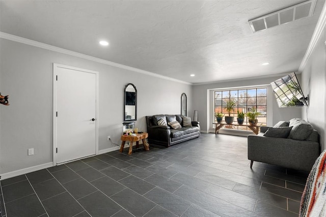 living room with ornamental molding