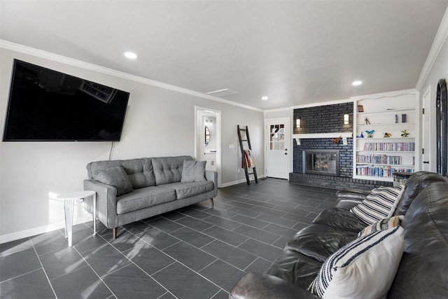 living room featuring a brick fireplace, built in features, and ornamental molding