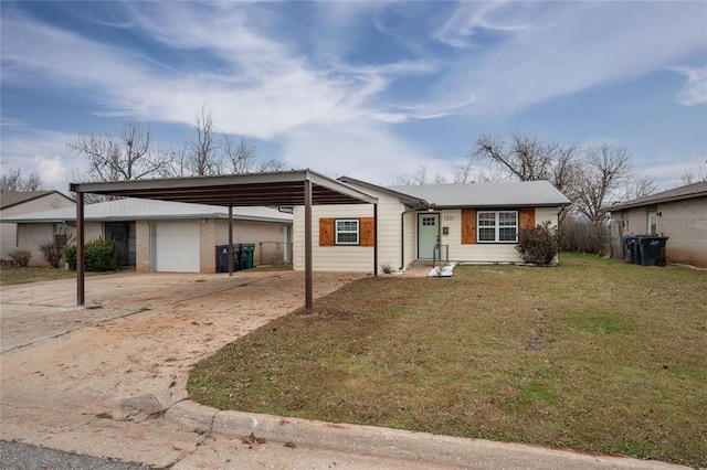 ranch-style home with a garage, a front yard, and a carport