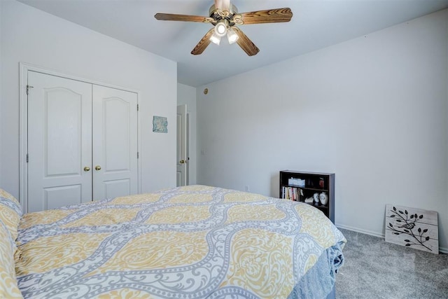 bedroom featuring carpet flooring, a closet, and ceiling fan