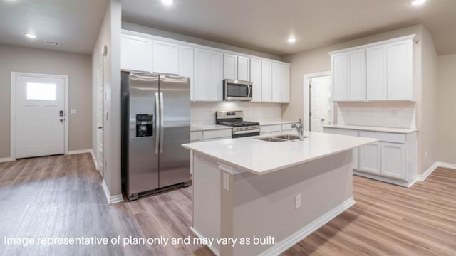 13581 Hickory Way, Edmond, OK 73025 - kitchen featuring stainless steel appliances, a sink, tasteful backsplash, light wood finished floors, and an island with sink