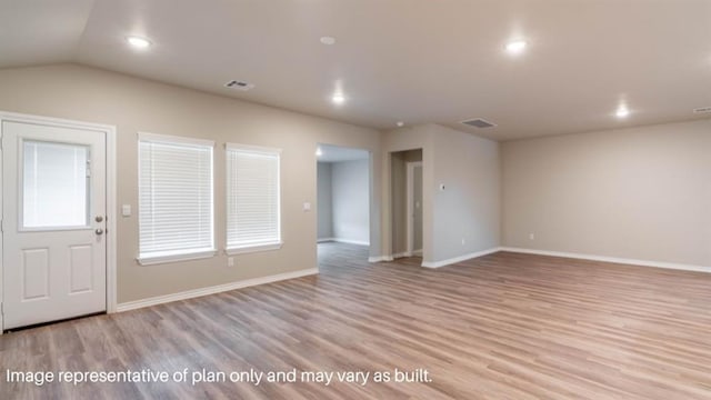 13581 Hickory Way, Edmond, OK 73025 - unfurnished living room with light wood-style floors, recessed lighting, baseboards, and vaulted ceiling