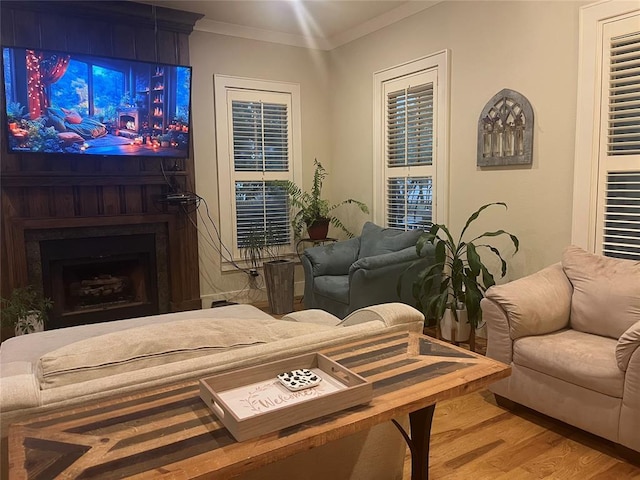 living room featuring hardwood / wood-style flooring, a large fireplace, and ornamental molding