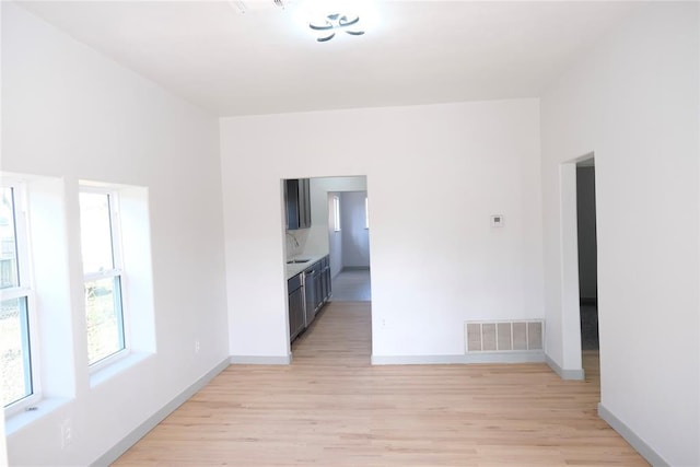 spare room with light hardwood / wood-style flooring and sink