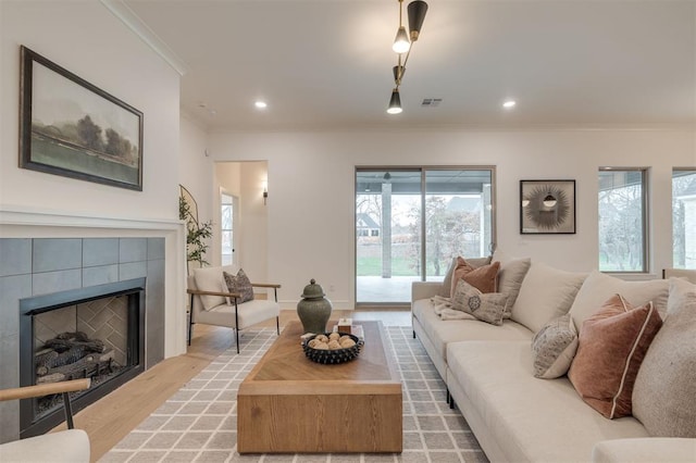 living room featuring light hardwood / wood-style floors, crown molding, and a fireplace