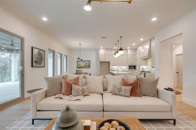 living room with light wood-type flooring, crown molding, and sink