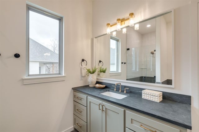 bathroom with plenty of natural light, vanity, and an enclosed shower