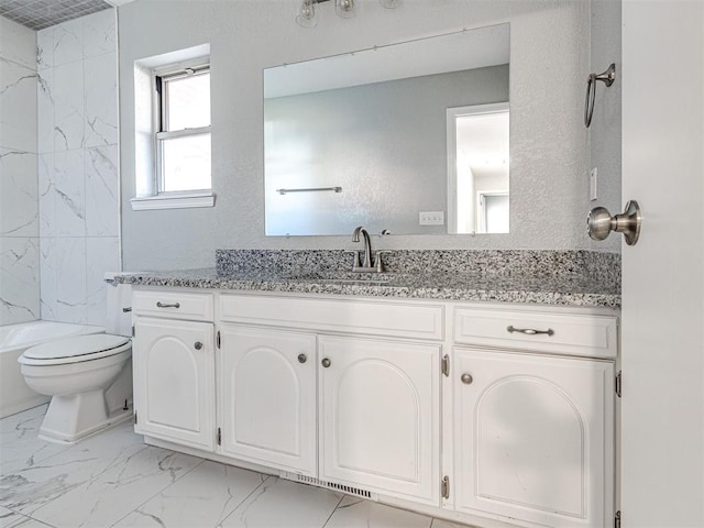 full bathroom featuring bathing tub / shower combination, vanity, and toilet