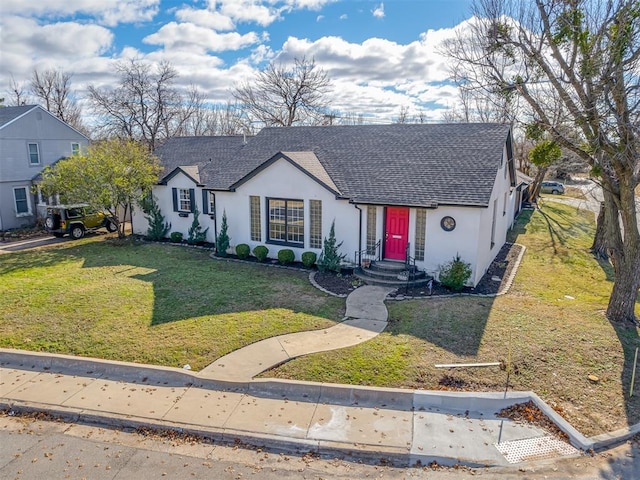 2832 NW 45th St, Oklahoma City, OK 73112 - view of front facade featuring stucco siding, a shingled roof, and a front yard
