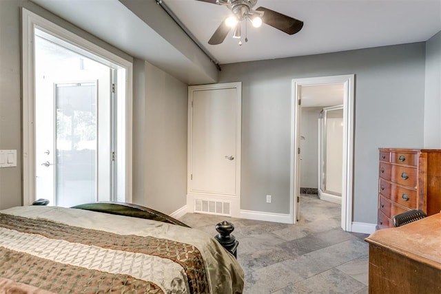 bedroom with access to outside and ceiling fan