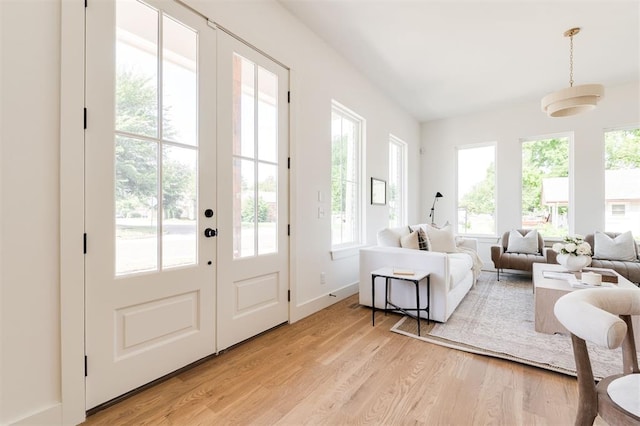 entryway with french doors and light wood-type flooring