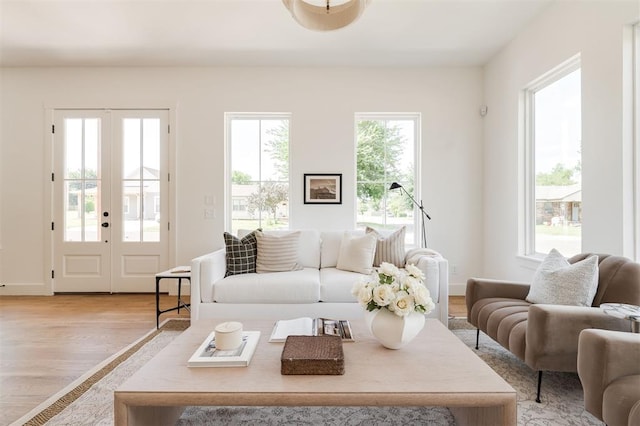 living room with french doors and light wood-type flooring