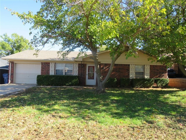 ranch-style home with a front yard and a garage