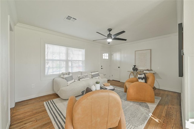 living room with ceiling fan, light wood-type flooring, and crown molding