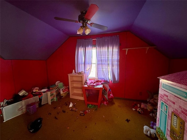 additional living space with carpet flooring, ceiling fan, and lofted ceiling