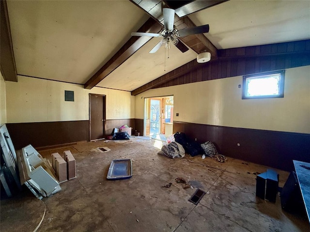 miscellaneous room featuring vaulted ceiling with beams and ceiling fan