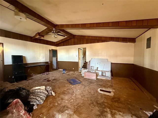 miscellaneous room featuring lofted ceiling with beams and ceiling fan