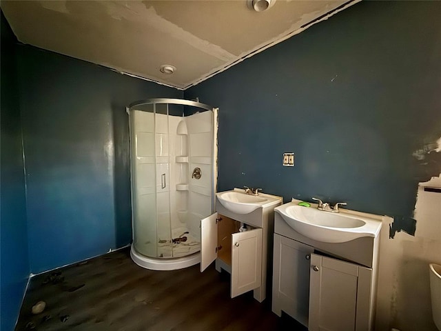 bathroom featuring hardwood / wood-style flooring, vanity, and walk in shower